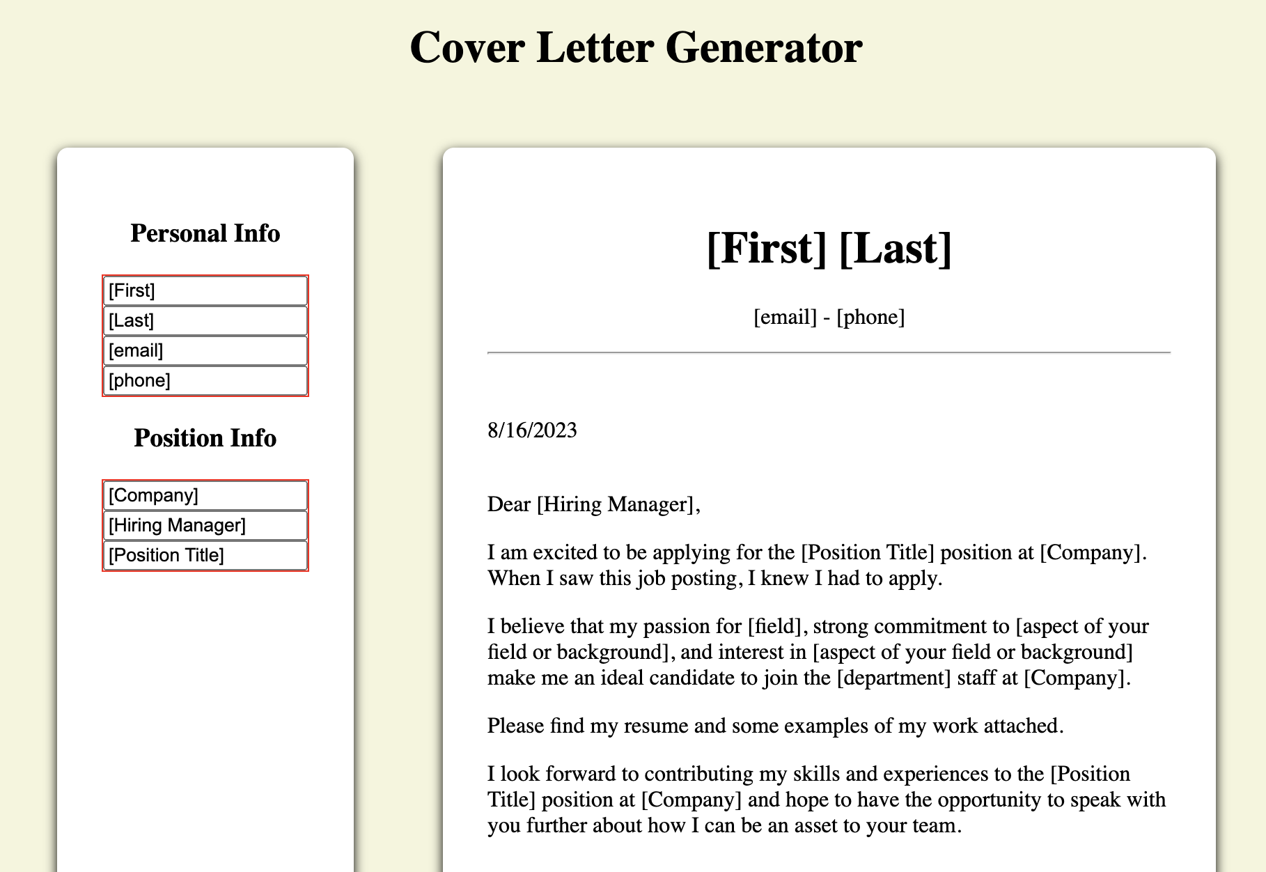 An image of the Cover Letter Generator website